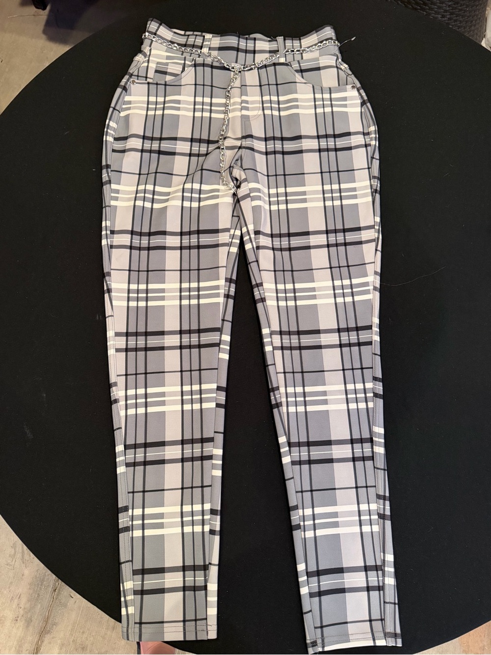 NWT Rozas Scuba Plaid Pants XL Silver Chain Belt Y2K Skinny Stretch